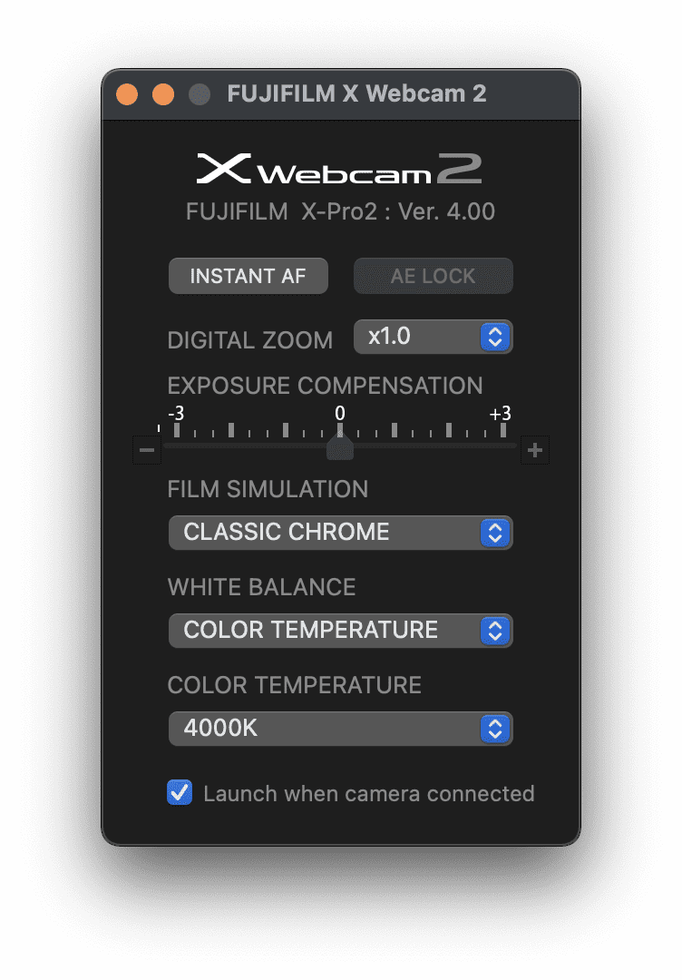 Fujifilm webcam app UI